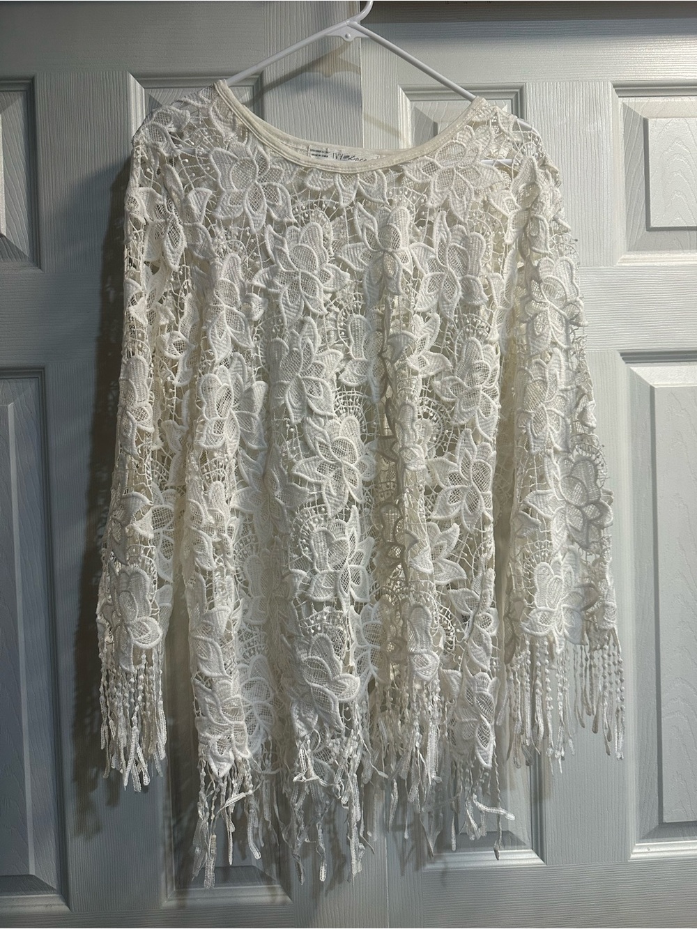 White Lace Floral Crochet Swim Cover-Up with Fringe